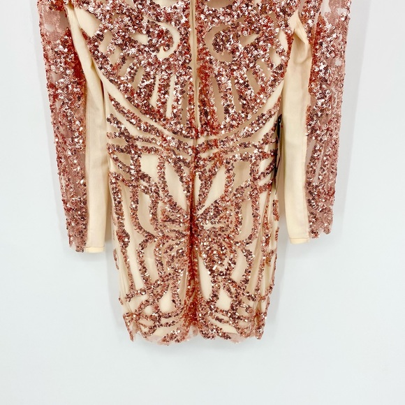 BEBE Sequin Scroll Mesh Rose Gold Bodycon Structured Dress Size M - Picture 11 of 16